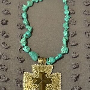 Turquoise and Gold Cross Pendant Necklace